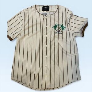 Rue21 Cream Baseball-Style Shirt with Brown Stripes & Green Palm Embroidery